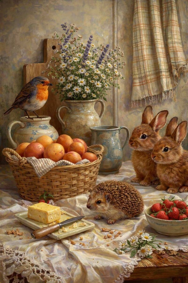 Samen aan Tafel – schilderij konijnen egel landelijk keuken
