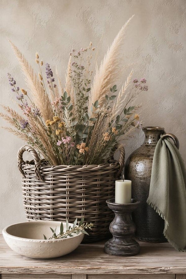 De Gevlochten Oogst – landelijk schilderij met droogbloemen, rieten mand en keramiek