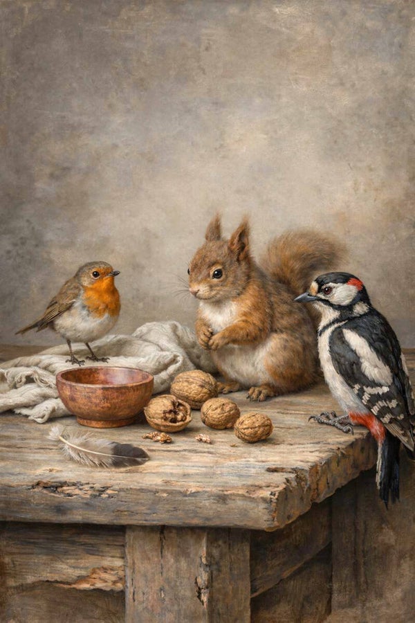 Wintergasten aan Tafel – landelijk schilderij met eekhoorn en vogels
