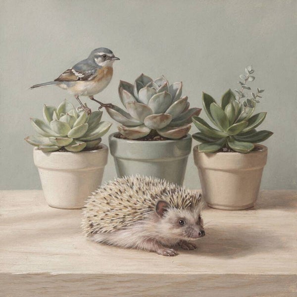 Tussen mos en klei – landelijk schilderij met egel, vogel en vetplanten
