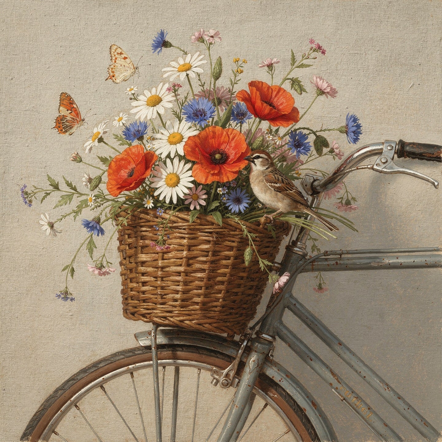 Fiets in bloei – landelijk schilderij met veldbloemen en musje
