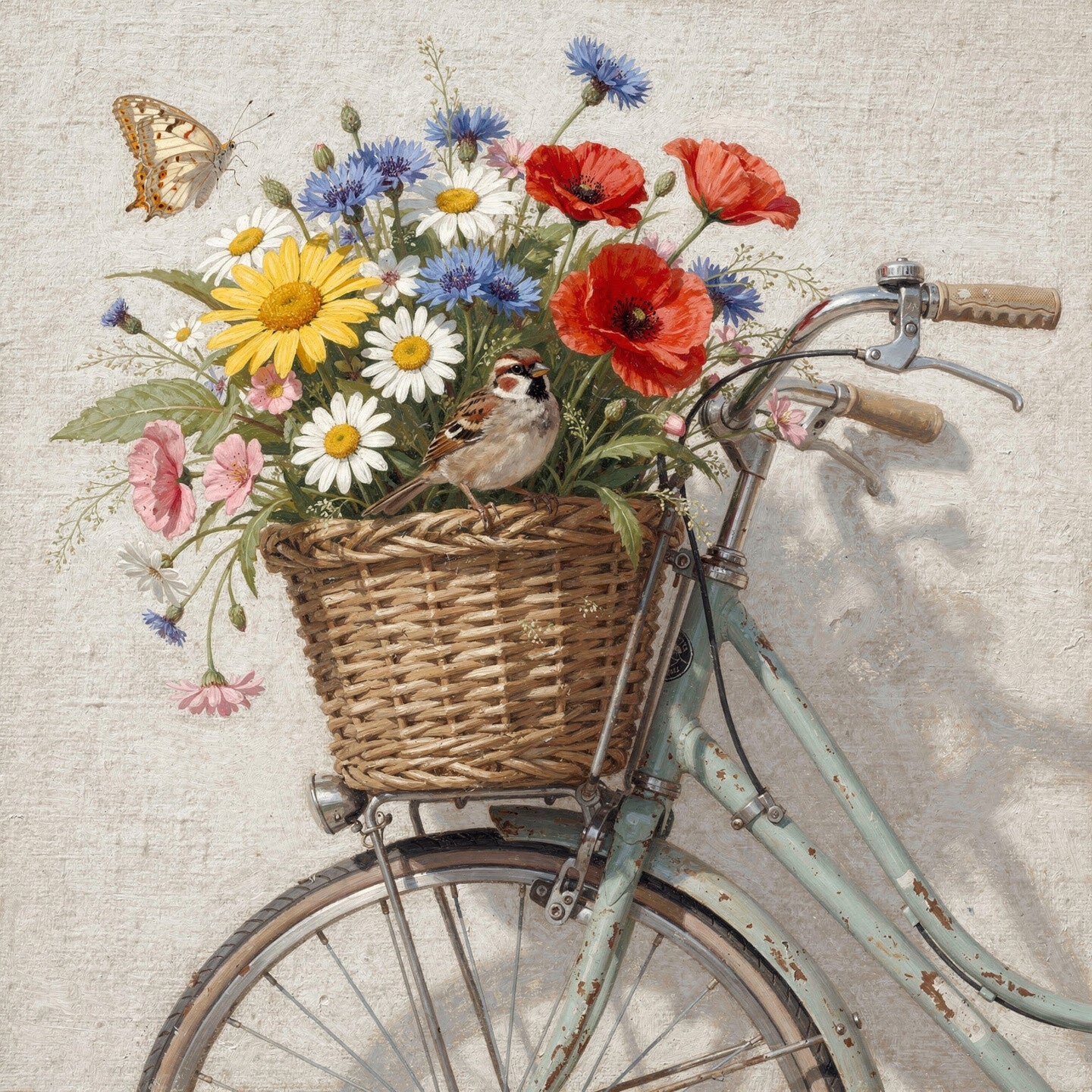 Bloemenrit – landelijk schilderij met fiets, veldbloemen en musje