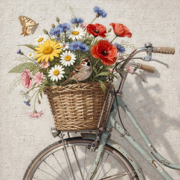 Bloemenrit – landelijk schilderij met fiets, veldbloemen en musje