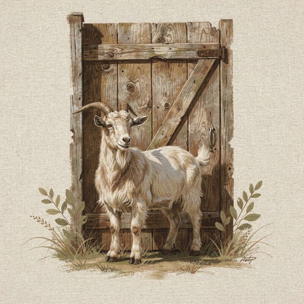 Boerderijgeit bij houten deur – landelijk schilderij met geit