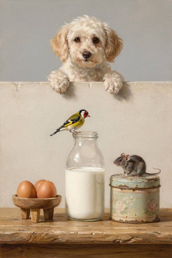 Stille ontbijtgasten – landelijk hond schilderij met Maltezer, distelvink en muis
