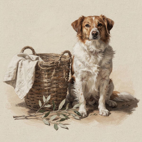 Boerderijhond bij mand – landelijk schilderij met hond