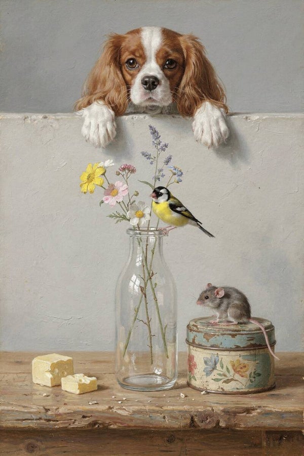 Nieuwsgierige bezoeker – landelijk hond schilderij met Cavalier King Charles Spaniël, vogel en muis bij bloemen