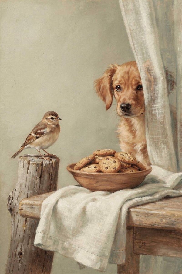 Stille verleiding – hond en vogel schilderij in landelijke nostalgische stijl