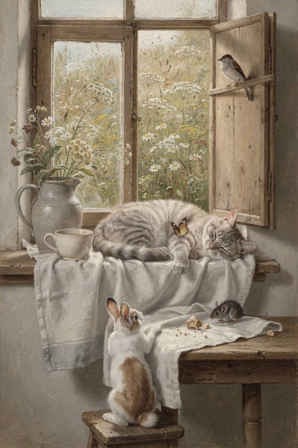 Dagdroom aan het open raam – landelijk schilderij met slapende kat, konijn en veldbloemen