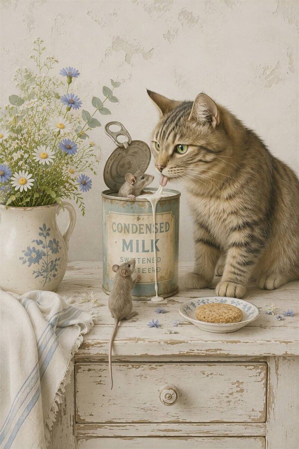 Blik op Stilte – schilderij kat en muis bij keukentafel in landelijke stijl
