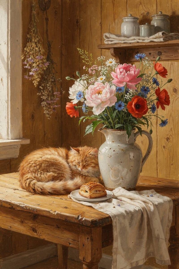 Zonlicht op de houten tafel – landelijk schilderij met slapende kat en veldboeket