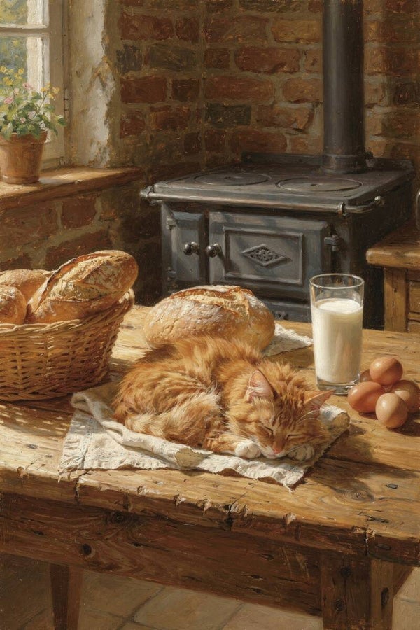 Warm brood in de ochtendzon – landelijk schilderij met slapende kat bij houtkachel