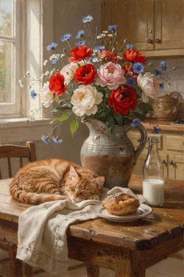 Ochtendlicht en klaprozen – landelijk schilderij met slapende kat in keuken