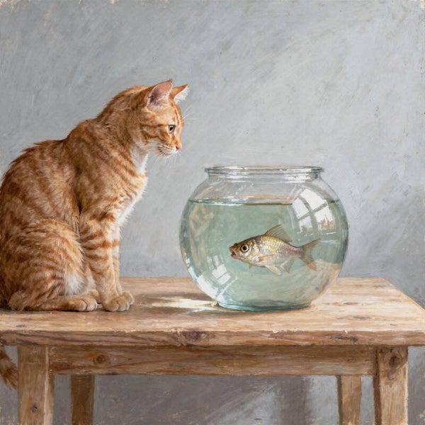 De stille ontmoeting – kat en goudvis op houten tafel dieren schilderij