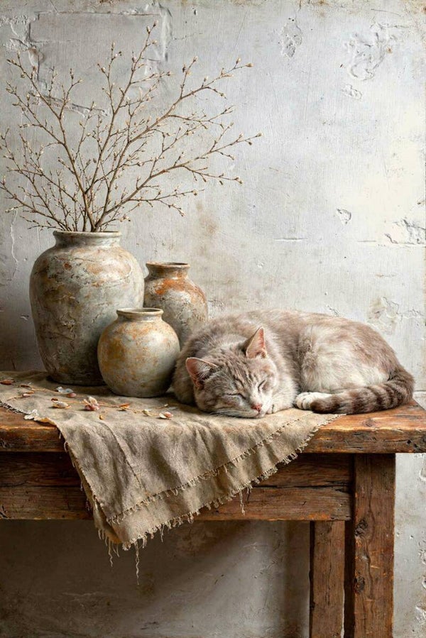 Landelijk schilderij  – kat op tafel met kruiken en linnen