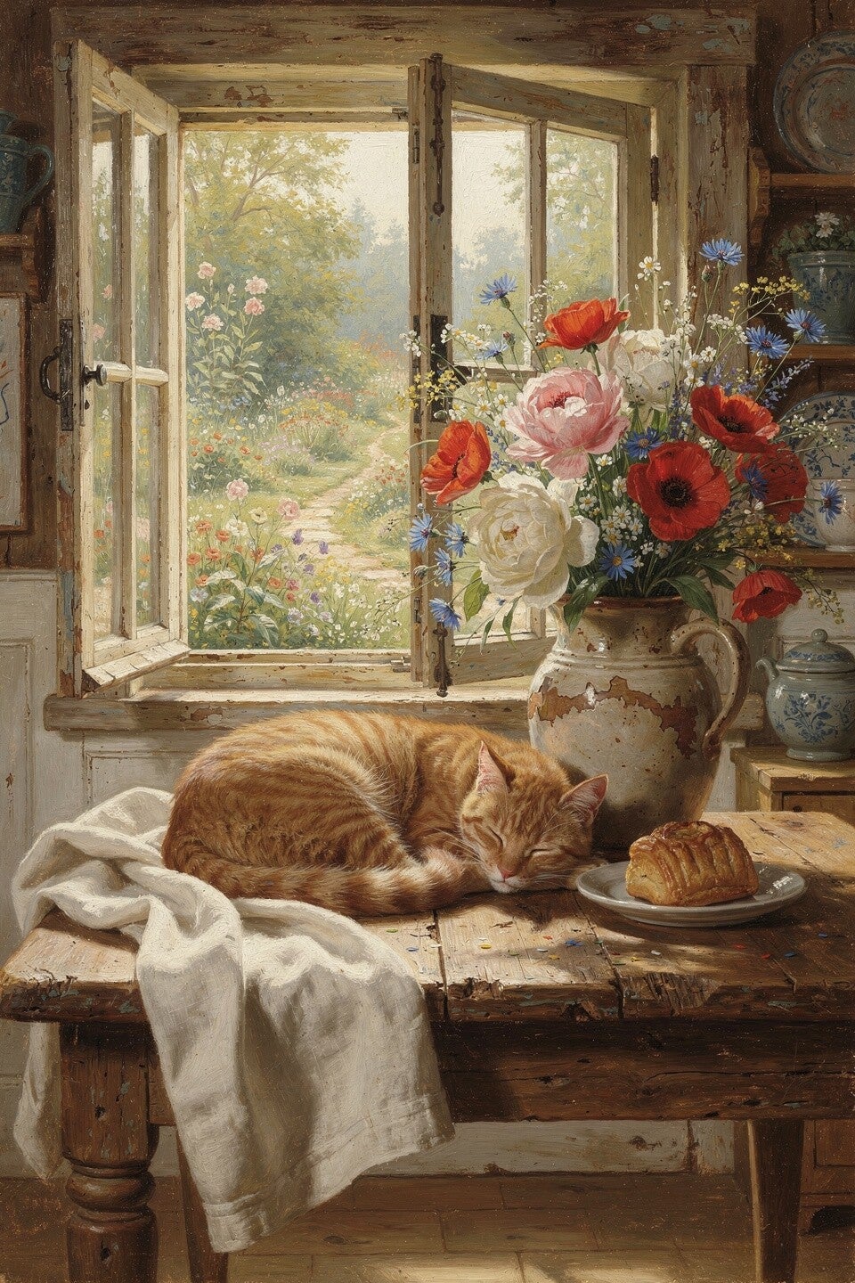 Slapen bij het open raam – landelijk schilderij met kat en veldboeket