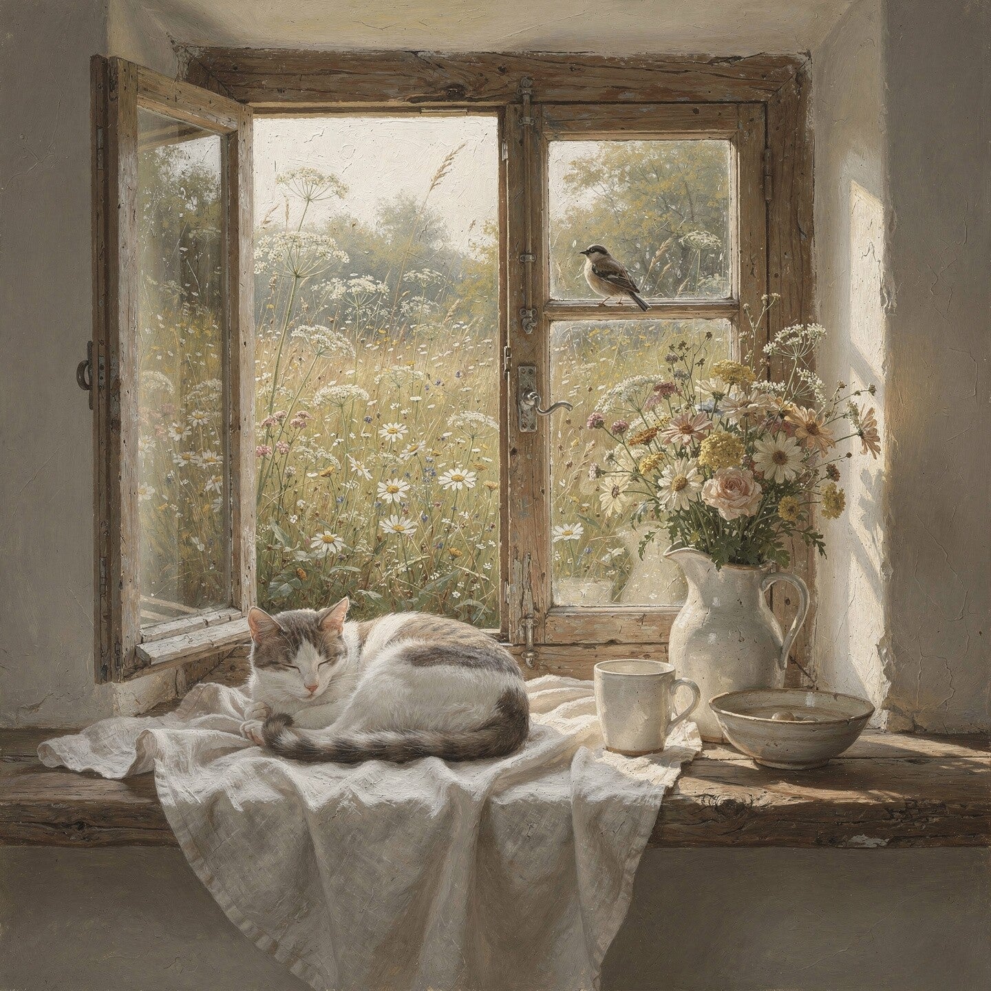 Zomer achter het raam – landelijk schilderij met slapende kat en veldbloemen