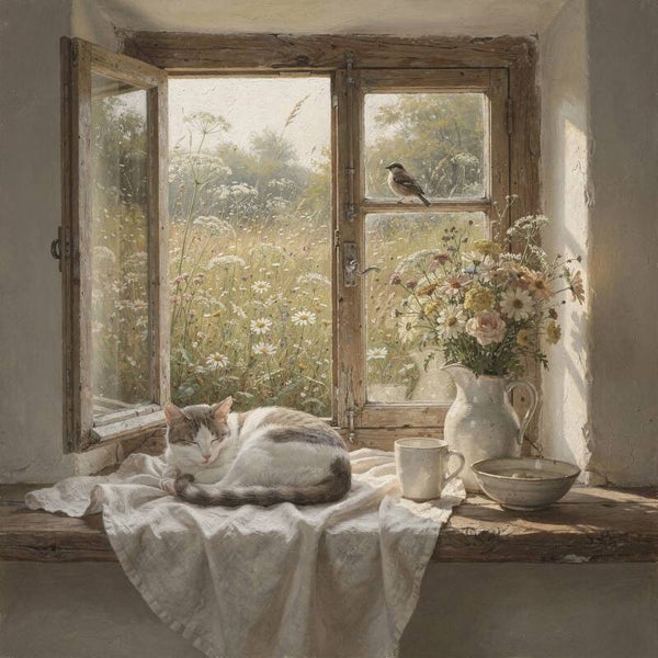 Zomer achter het raam – landelijk schilderij met slapende kat en veldbloemen
