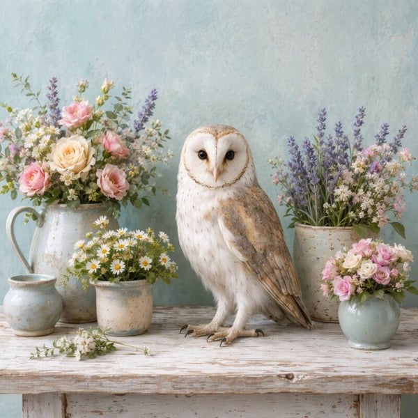 Uur van de Uil – landelijk schilderij met kerkuil en bloemen