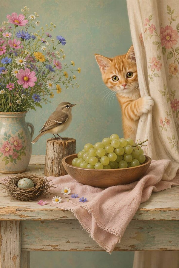 Nieuwsgierig aan de Druivenschaal – schilderij met kitten en vogel