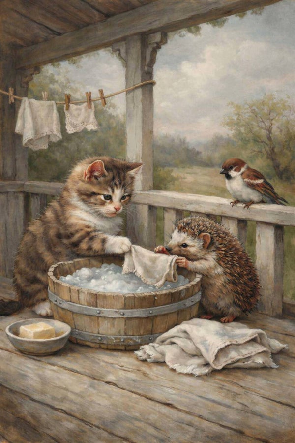 Waskamer op de Veranda – landelijk schilderij met kitten en egel