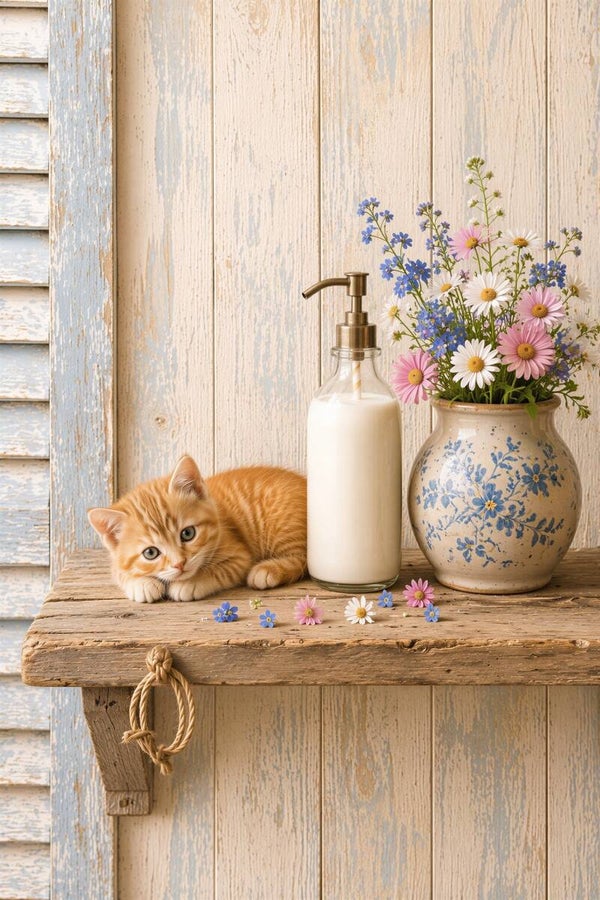 Lotion en Lentebloemen – landelijk schilderij kitten lotion bloemen