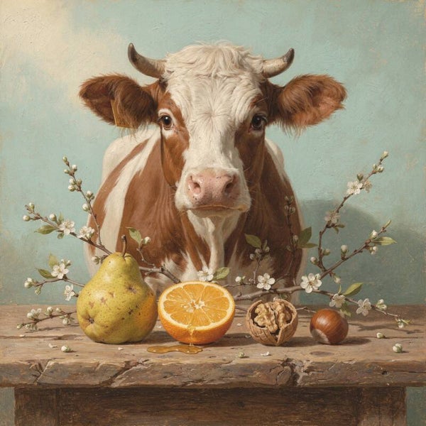 Zachte kracht – koeienportret met fruit en bloesem landelijk schilderij