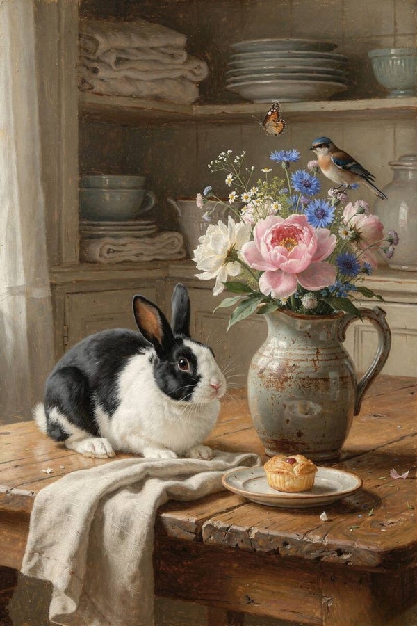 Tussen servies en bloemen – landelijk schilderij met konijn in keukenstilleven