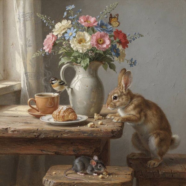 Ochtend aan de vensterbank – landelijk schilderij met konijn, bloemen en croissant