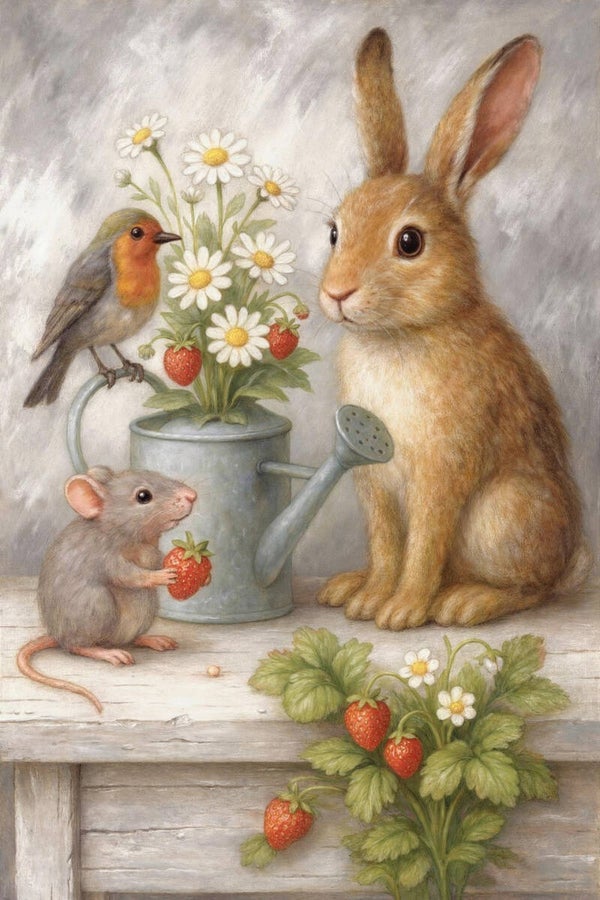 Aardbeienmoment – landelijk schilderij konijn met bloemen en dieren