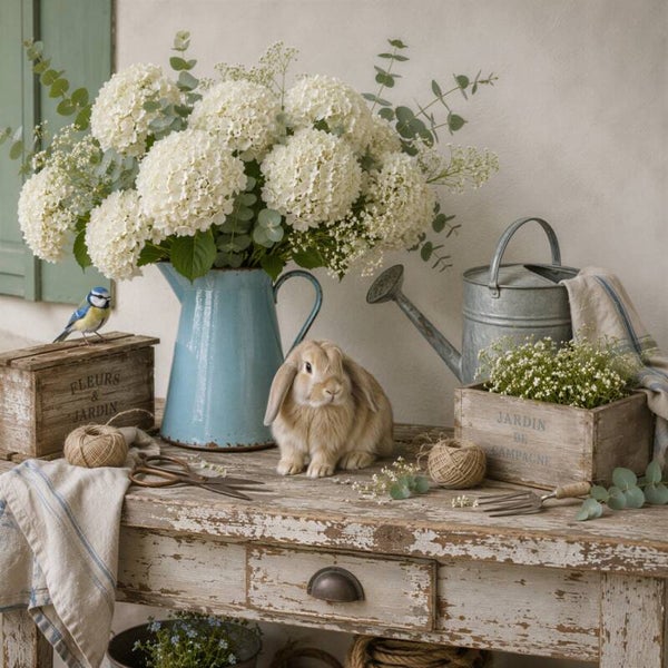 Hortensia in de Morgen – landelijk schilderij met konijn en hortensia's