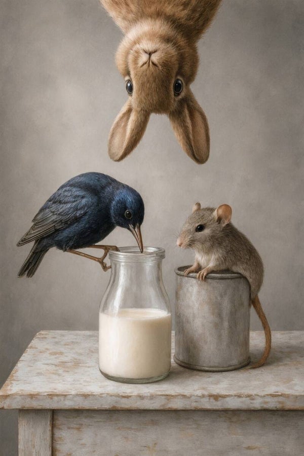 De Melkrovers – dieren schilderij konijn vogel muis