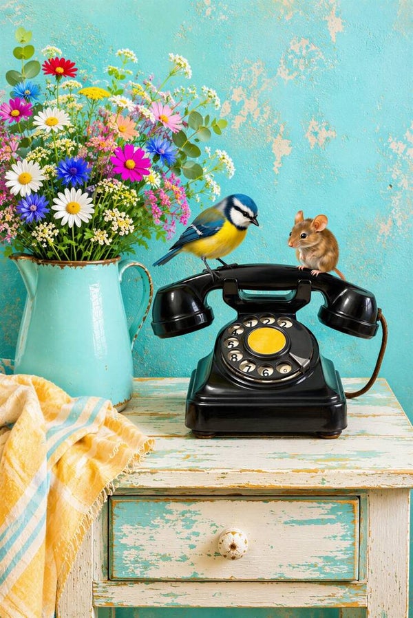 Telefoontje op de Tafel – landelijk schilderij met koolmees, muis en vintage telefoon