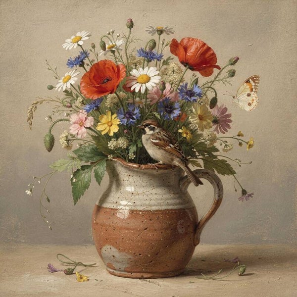 Kruik vol veldbloemen – landelijk schilderij met musje