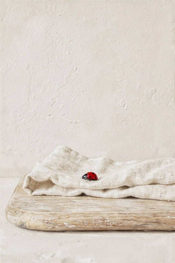 Lieveheersbeestje op Linnen Doek Schilderij – Gebroken Wit & Naturel – Landelijk Wonen