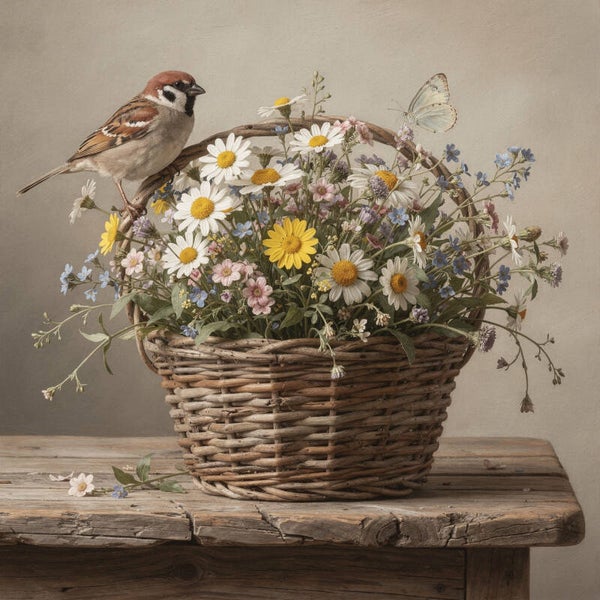Mand vol veldbloemen – landelijk schilderij met musje