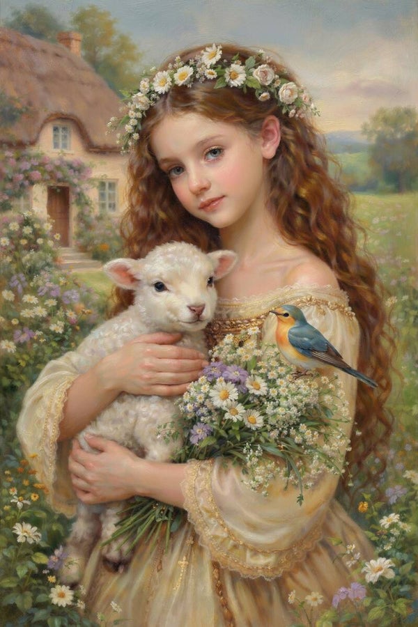 Bloemenbelofte – schilderij meisje met lammetje en veldbloemen