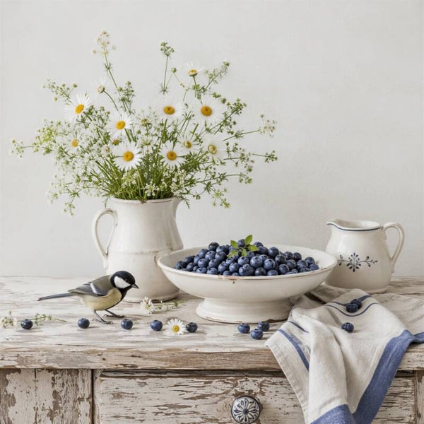 Zomerse Oogst – bloemen blauwe bessen vogel schilderij landelijk stilleven keuken