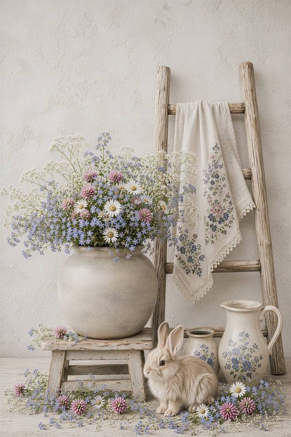 Bloementuin aan de Ladder – landelijk schilderij met bloemen en konijn