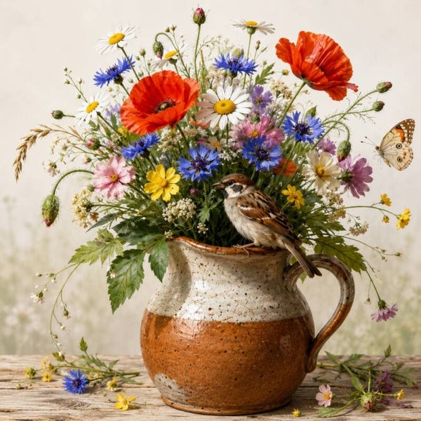 Kruik vol veldbloemen – landelijk schilderij met musje