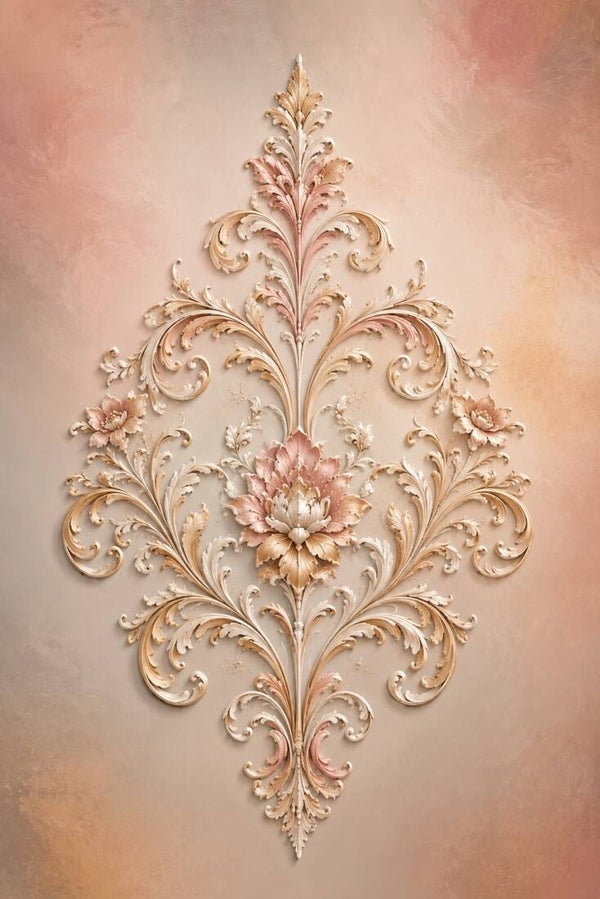 Poederroze Ornamentbloem – landelijk schilderij met sierlijk bloemmotief