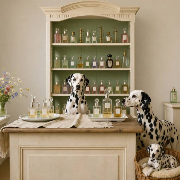 Parfumparade – landelijk schilderij dalmatiërs parfumkast parfumflacons