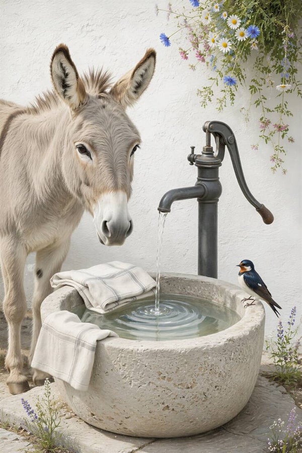 De Oude Waterpomp – landelijk schilderij met ezel, natuurstenen wasbak en zwaluw