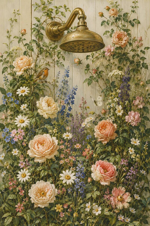 Bloemendouche – bloemen schilderij landelijk rozen douche vintage tuin vogels