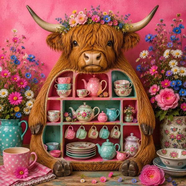 De Hooglander Theekast – Hooglander Schilderij Servies Bloemen Landelijk Kleurrijk