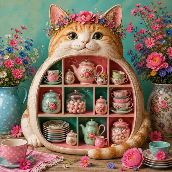 De Serviespoes – Kat Schilderij Servies Bloemen Landelijk Kleurrijk