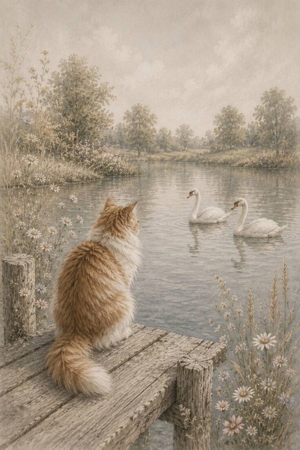 Aan de Waterkant – landelijk schilderij met kat en zwanen