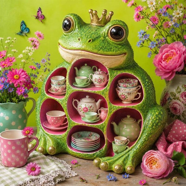 De Kikkerkoning zijn Theekast – kikker schilderij met servies bloemen kleurrijk landelijk