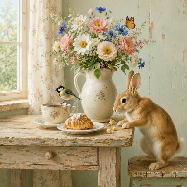 Ochtend aan de vensterbank – landelijk schilderij met konijn, bloemen en croissant