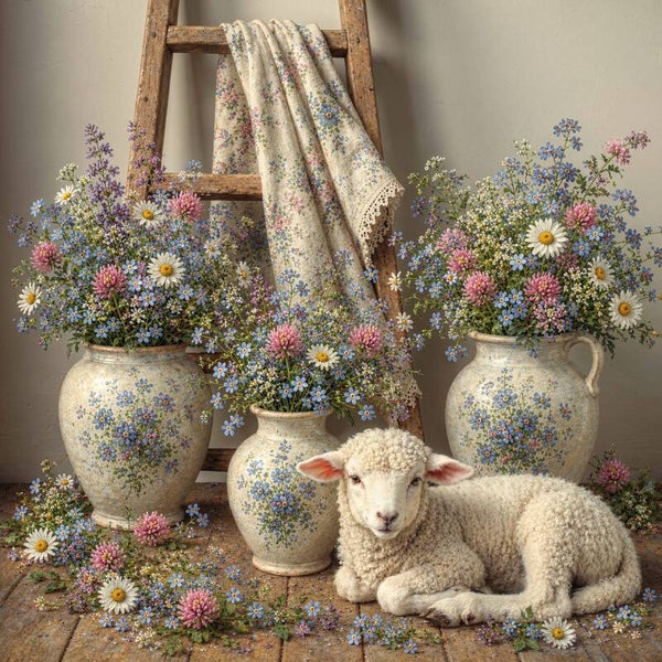 Tussen Bloemenvazen en Wol – landelijk schilderij met lam en veldbloemen